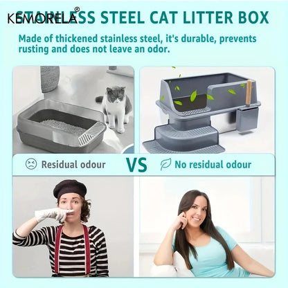 Extra Large 20L Stainless Steel Cat Litter Box With Stair Foot Pad Splash-Proof Easy To Clean Odorless Toilet Cat Litter Box