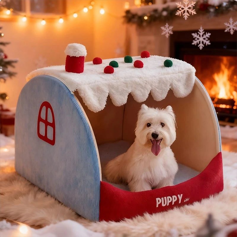 Warm Winter Thickened Semi Enclosed Dog Bed Tent Luxury Villa Cave For Large Dogs And Corgis Cozy Home Bedroom Christmas Gift
