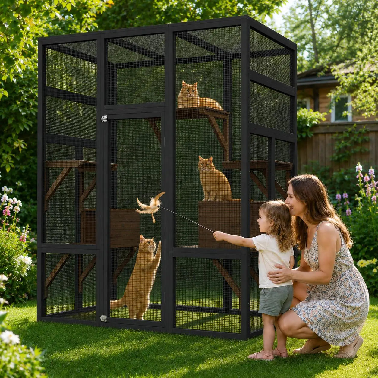 70in Outdoor Catio Cat Enclosure, Large Wooden Cat House With Waterproof UV Roof, 5 Platforms 2 Rest Boxes For Patio Backyard Cats
