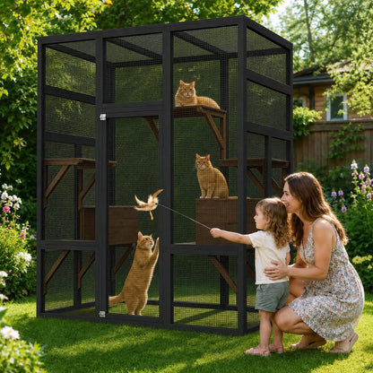 70in Outdoor Catio Cat Enclosure, Large Wooden Cat House With Waterproof UV Roof, 5 Platforms 2 Rest Boxes For Patio Backyard Cats