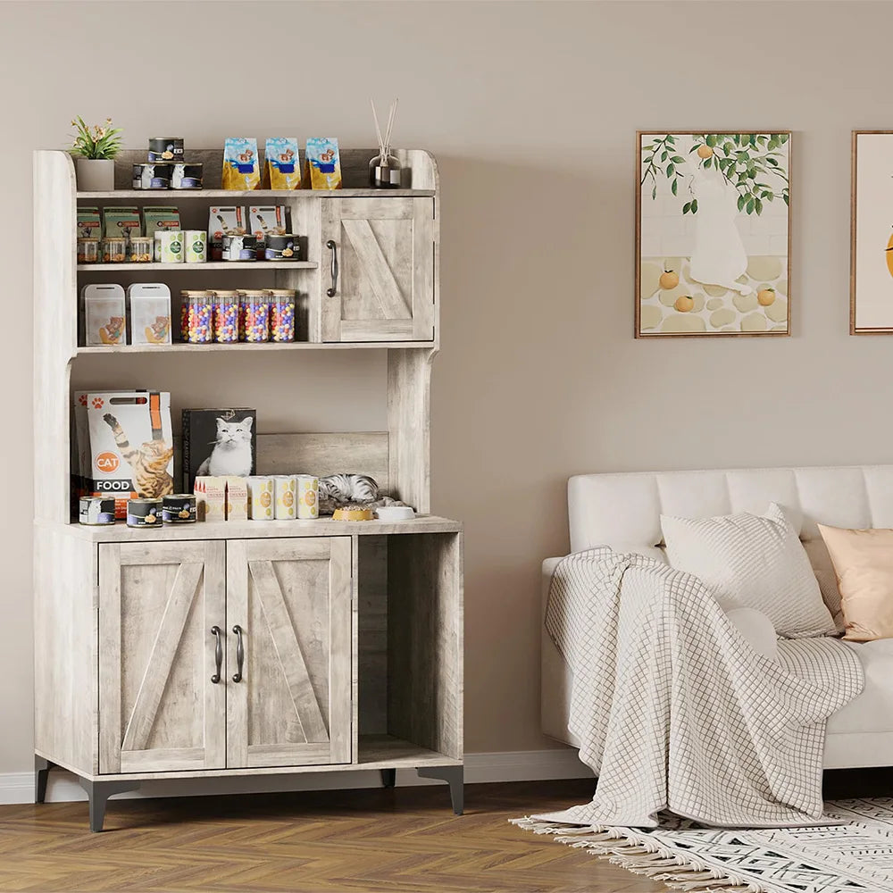Rustic Farmhouse Hidden Cat Litter Box Enclosure 4-Tier Storage Shelves & 2 Cabinets Wood Cat Washroom Furniture For Indoor Use