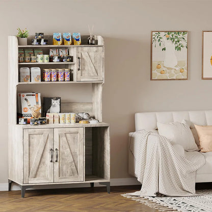 Rustic Farmhouse Hidden Cat Litter Box Enclosure 4-Tier Storage Shelves & 2 Cabinets Wood Cat Washroom Furniture For Indoor Use