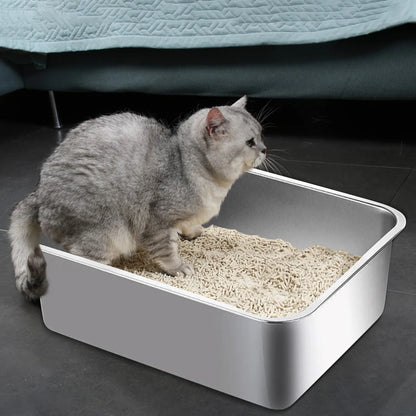 Stainless Steel Cat Litter Box For Big Cats, Household Flat Bottom Cat Litter Pan Large Metal Cat Litter Box-Easy To Clean
