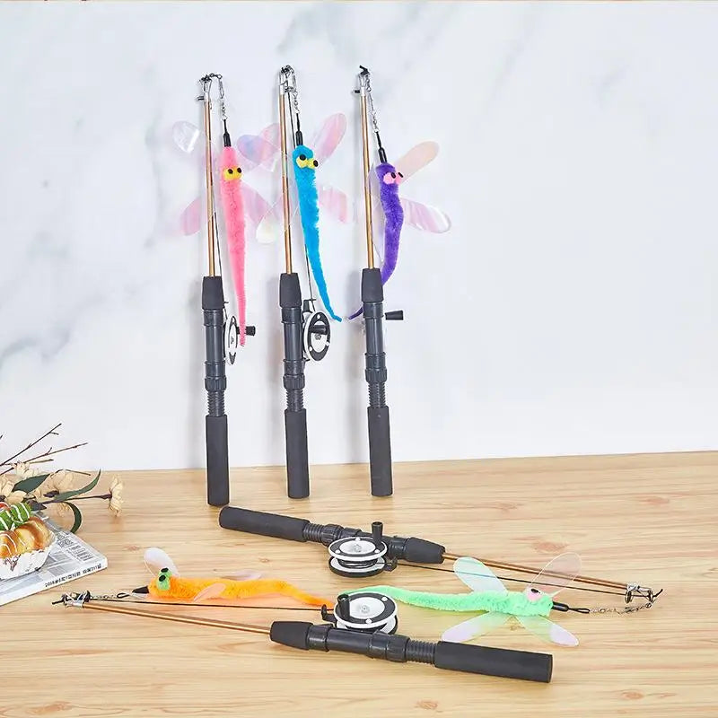 1Pc Telescopic Cat Fishing Rod Toy with Fish & Feathers, Interactive Funny Teaser Wand for Kitten Play