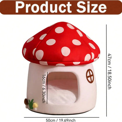 Soft Mushroom Cat Bed House with Cow Print, Semi-Enclosed Plush Cave Nest with Washable Cushion for Cats and Small Dogs