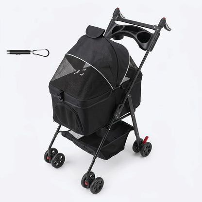 Spacious Pet Stroller for Dogs And Cats, Featuring Foldable Cage, Storage Basket, And Cup Holder Suitable for Small to Medium-Sized Dogs And Cats Four-Wheel Design (Black)