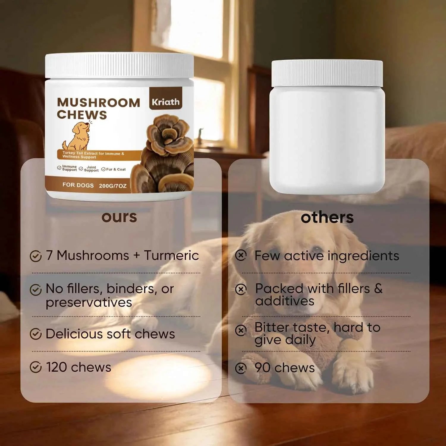Turkey Tail Mushroom Chew for Dogs Joint Spine Mobility Support Immune Health with Lion's Mane Shiitake Turmeric Prebiotics