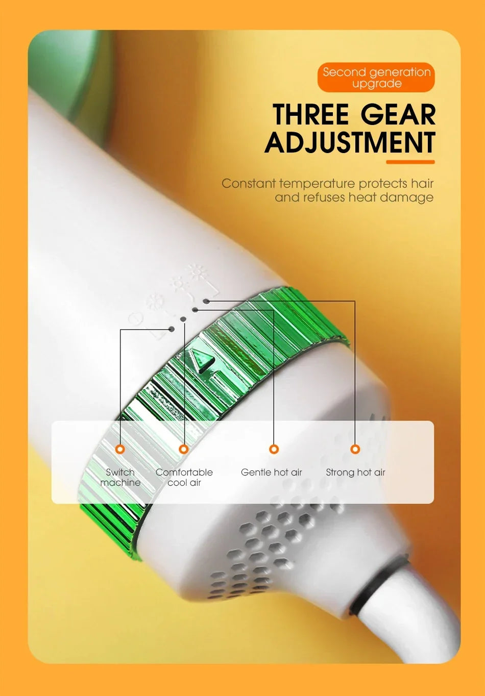 Hair straightener with three gear adjustment labels on an orange background