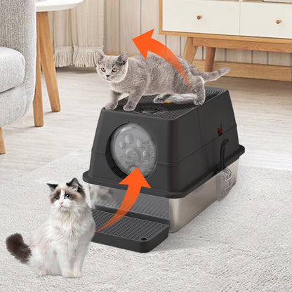 Stainless Steel Cat Litter Box, High Sided Enclosure Cat Toilet With Lid, Front And Top Door, Sand Filter Pedal & Litter Scoop