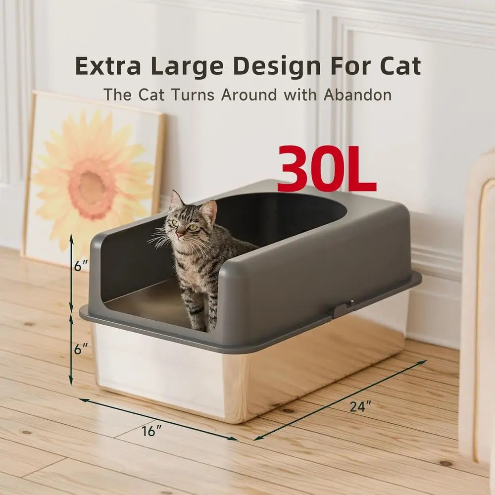 Extra Large Stainless Steel Cat Litter Box with Lid, 24''L x 16''W x 12''H, Easy Clean Metal Pan for Cats