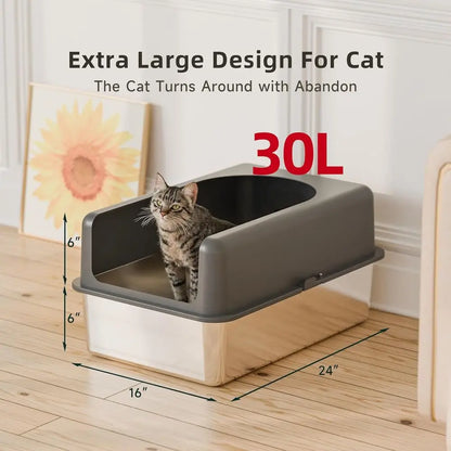 Extra Large Stainless Steel Cat Litter Box with Lid, 24''L x 16''W x 12''H, Easy Clean Metal Pan for Cats
