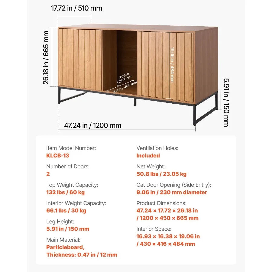 Cat Litter Box Enclosure Furniture, 47.2 in Hidden Litter Box Cabinet with Scratch Pad & Storage, Waterproof Cat Washroom End