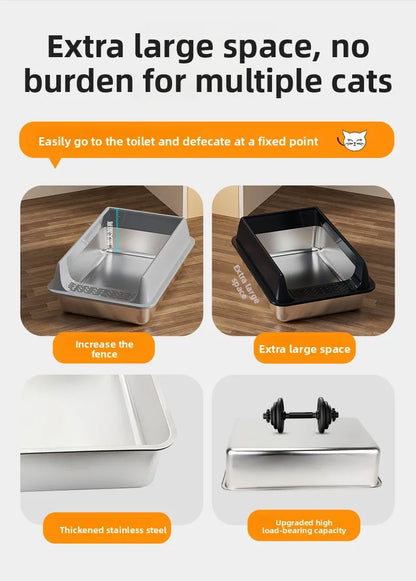 Premium Stainless Steel Cat Litter Box Semi-Enclosed Anti-Splash Cat High Rim Paw Clean Grid Multi Size Kitten Large Cat Toilet