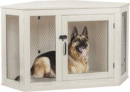Masterpiece  52 Inch Corner Dog Crate Furniture,Wooden Dog Kennel Furniture With Mesh,Decorative Wood Dog House For Small