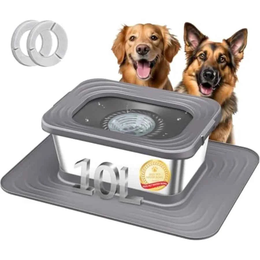 Stainless Steel Dog Water Bowl, No Spill Anti-Splash Dog Bowls with XXL Silicone Mat, Spill-Proof Slow Feeder for Messy Drinker