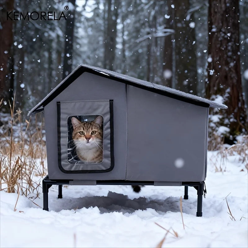 KEMORELA Winter Outdoor Cat House Equipped with an Escape Door - Large Feral Cat Shelter Collapsible Shelter for Small Dogs&Cats