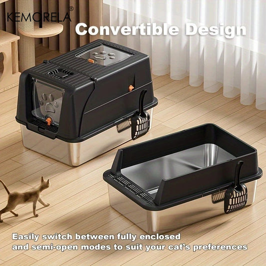 Extra Large Stainless Steel Cat Litter Box Convertible to Fully or Semi-Enclosed Detachable Flip Cover with Pedal &Scoop,for Cat