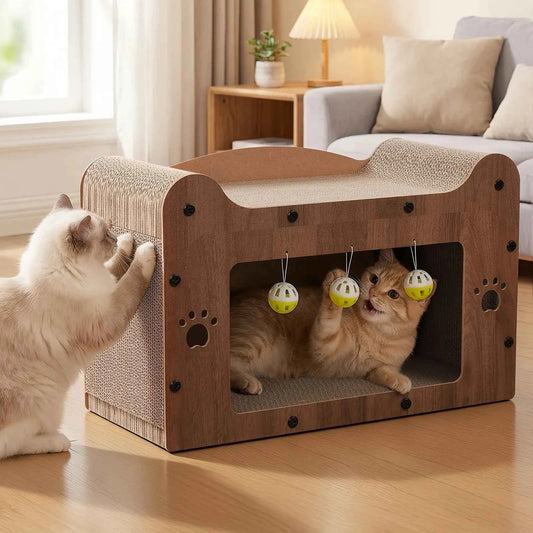 Walnut Cat Scratching House, Durable Cardboard Scratcher & House for Indoor Cats, Multi-Functional Hideout for Scratching, Playing & Resting, Easy to Assemble.