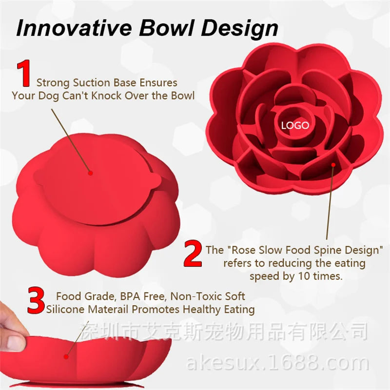 Pet Supplies Silicone Slow Food Bowl Rose Shape Dog Bowl Cat Anti-Choking and Anti-Knocking Food Bowl with Suction Cup