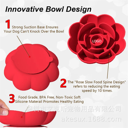 Pet Supplies Silicone Slow Food Bowl Rose Shape Dog Bowl Cat Anti-Choking and Anti-Knocking Food Bowl with Suction Cup