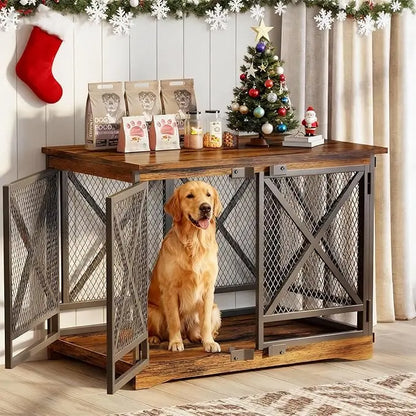 Large Dog Crate Furniture - 48 inch Heavy Duty Dog Kennel Indoor for XLarge Breed with Double Doors, Wooden Dog Cage XL Modern