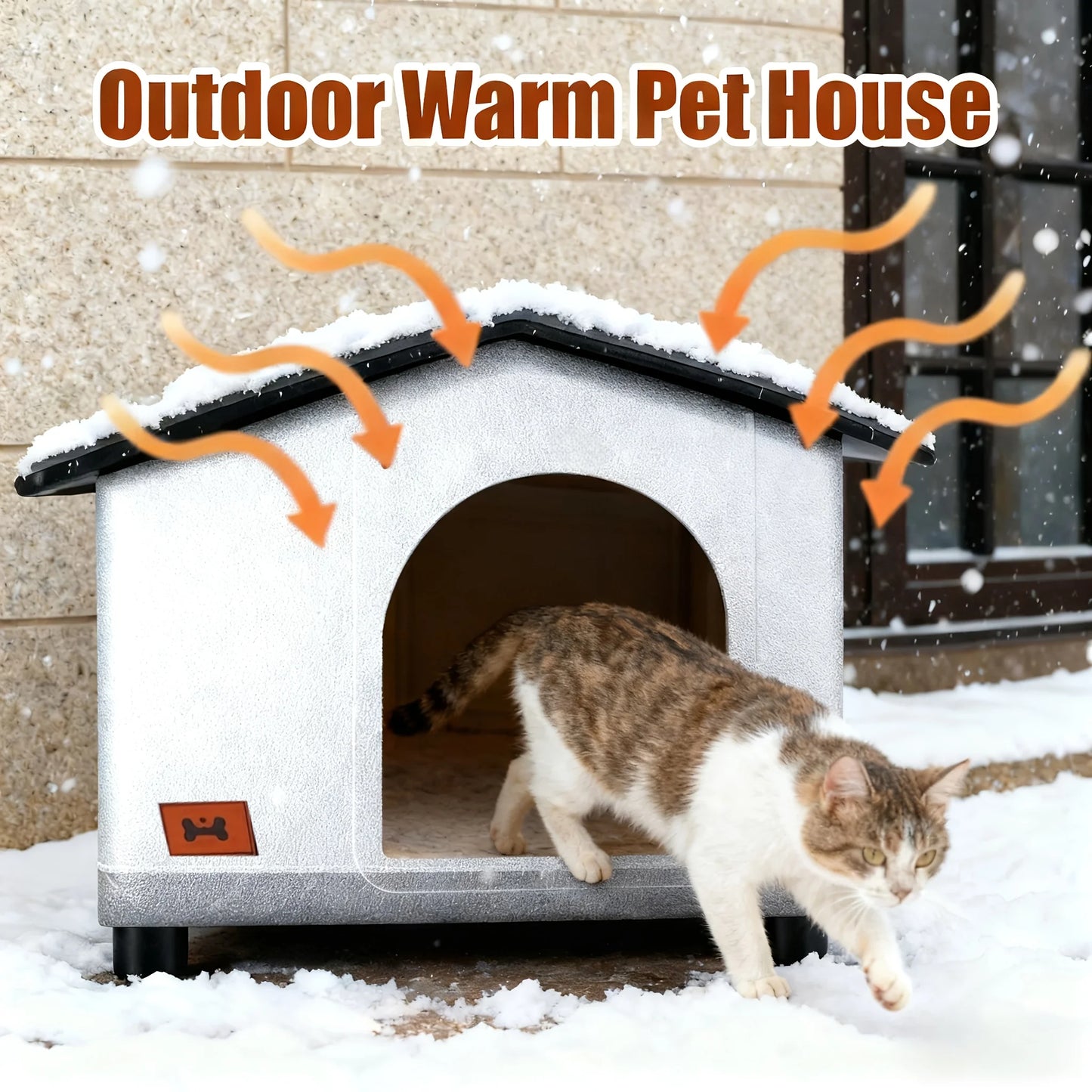 A insulated outdoor cat house with eaves and escape doors, designed for insulation and providing winter shelter for stray cats