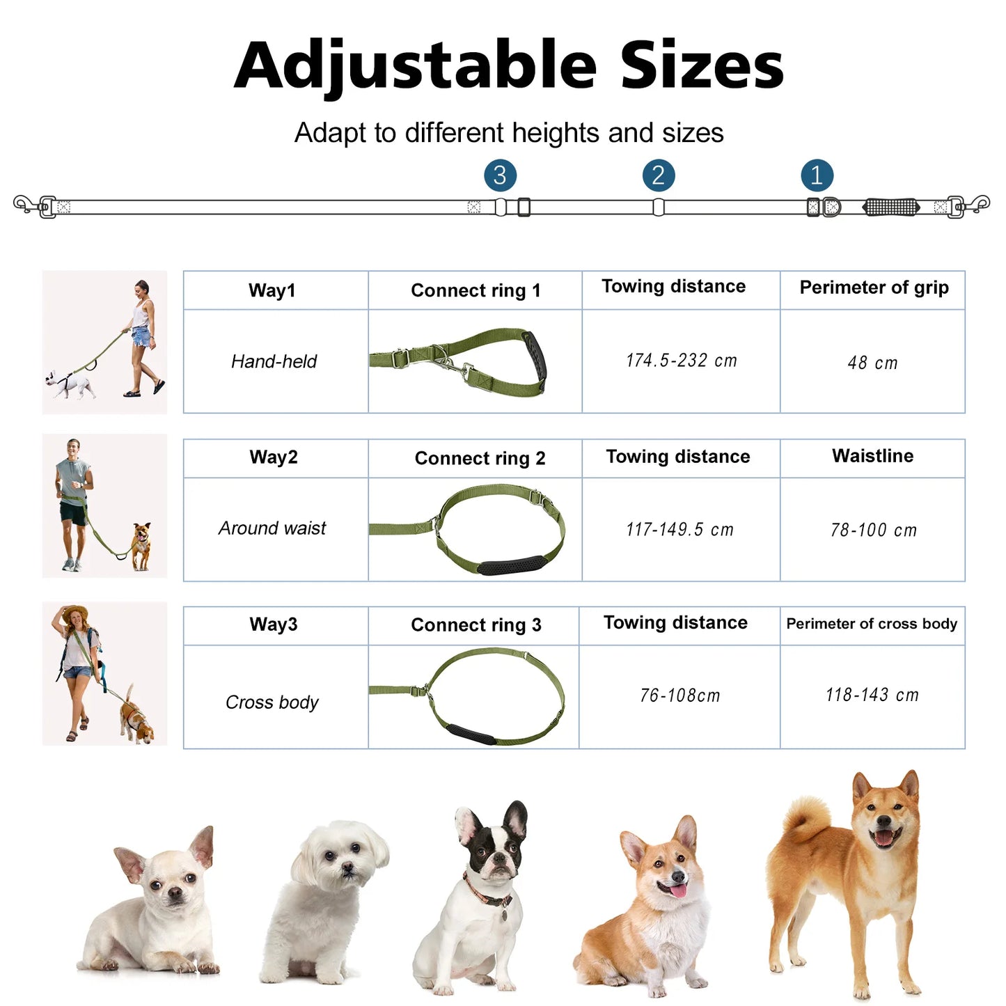 Tivray Hands Free Dog Leash with Sponge Handle 8.5ft Versatile Crossbody Waist Leash with 3 Rings for Puppy Leash for Walking