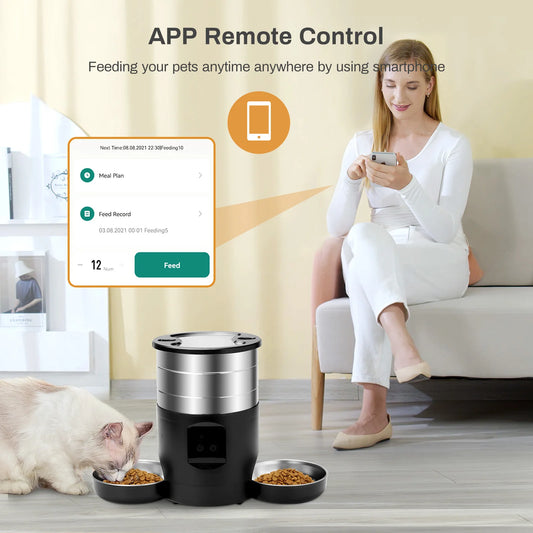 4.5L Button WiFi Automatic Cat Feeder Includes Two Stainless Steel Bowls Smart Pet Cat and Dogs Food Dispenser Feeder Pet Feeder - Pet Suppie