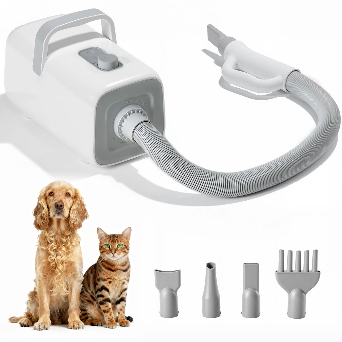 Pet grooming tool with attachments on a white background