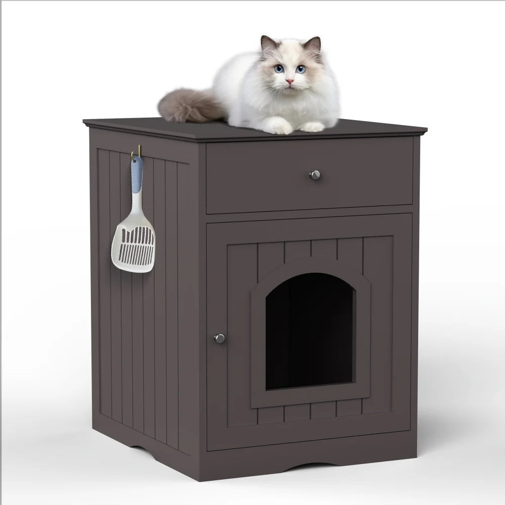 Wooden Brown Cat Litter Box Cabinet Furniture Enclosure With Drawer Side Table Pet House Nightstand For Indoor Cats Pet Toilet