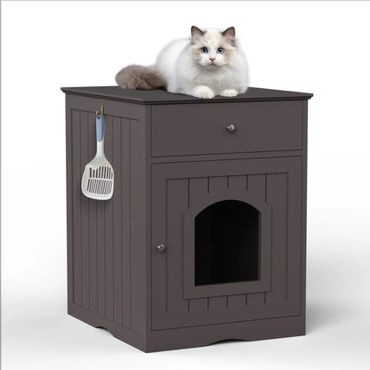 Wooden Brown Cat Litter Box Cabinet Furniture Enclosure With Drawer Side Table Pet House Nightstand For Indoor Cats Pet Toilet