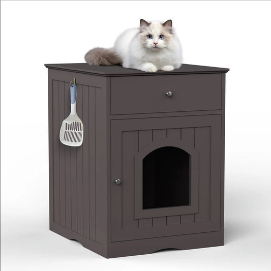Wooden Brown Cat Litter Box Cabinet Furniture Enclosure With Drawer Side Table Pet House Nightstand For Indoor Cats Pet Toilet