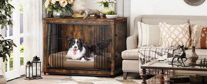 Large Elevated Dog Crate Wooden Dog Kennel Cage Pet House End Table with Double Door and Removable Tray Rustic Furniture Indoor
