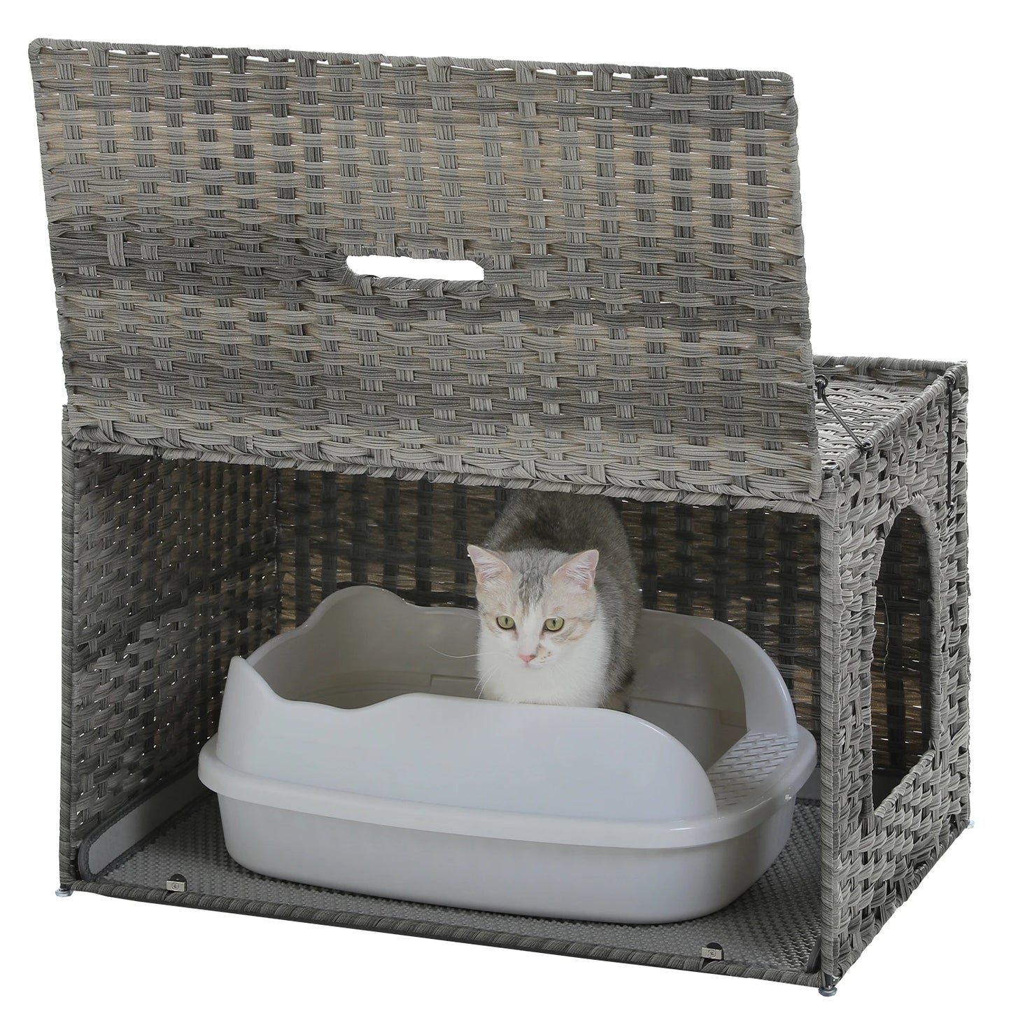 Rattan Cat Litter Box Enclosure Furniture with Door, Handwoven Rattan Hidden Litter Box Living Room Odor Control, Cat House Bed
