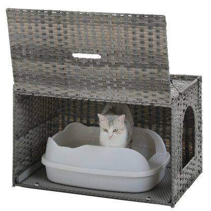 Rattan Cat Litter Box Enclosure Furniture with Door, Handwoven Rattan Hidden Litter Box Living Room Odor Control, Cat House Bed