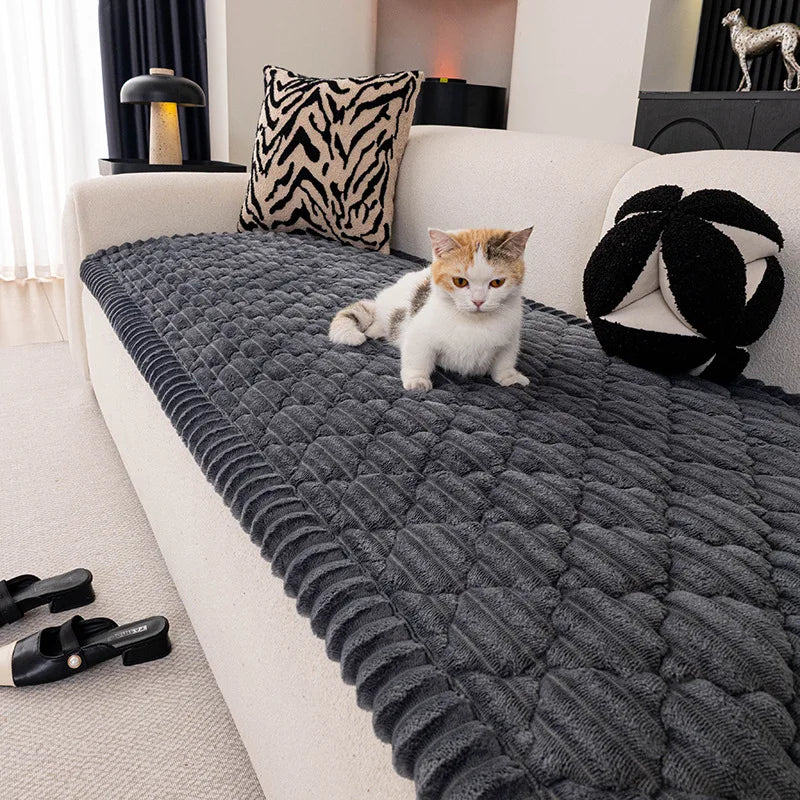 Winter Thick Flannel Sofa Cushion Grid Plush Seat Cover Warm Soft Fluffy Chaise Lounge Mat Couch Protector Living Room