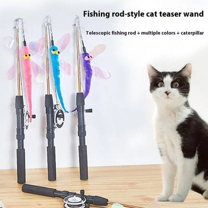 1Pc Telescopic Cat Fishing Rod Toy with Fish & Feathers, Interactive Funny Teaser Wand for Kitten Play