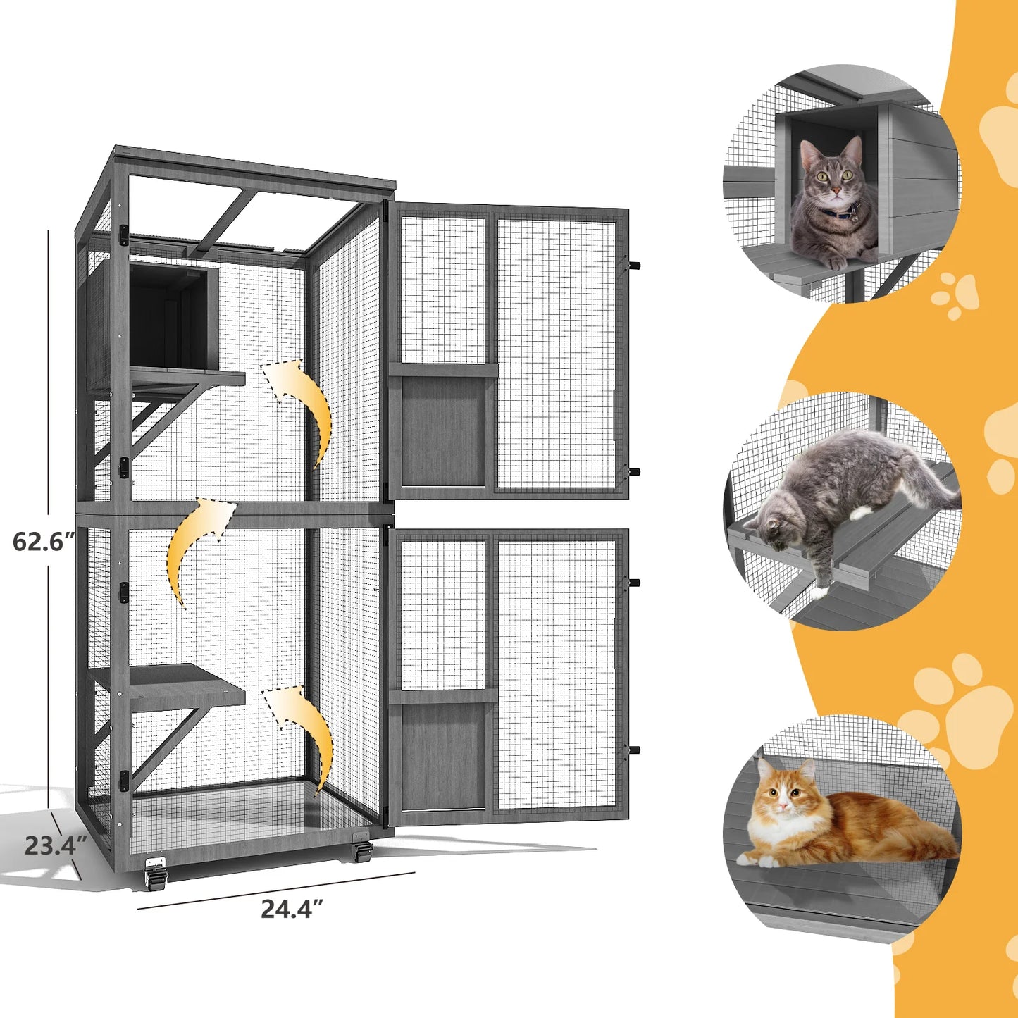 4-Tier Outdoor Cat Catio Enclosure, Large Cat Playpen with Wheels,Waterproof Roof,4 Doors & Resting Box,Grey/Black
