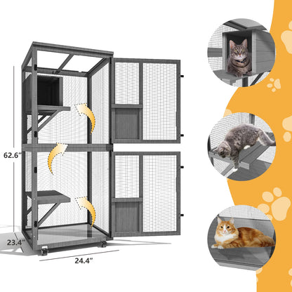 4-Tier Outdoor Cat Catio Enclosure, Large Cat Playpen with Wheels,Waterproof Roof,4 Doors & Resting Box,Grey/Black