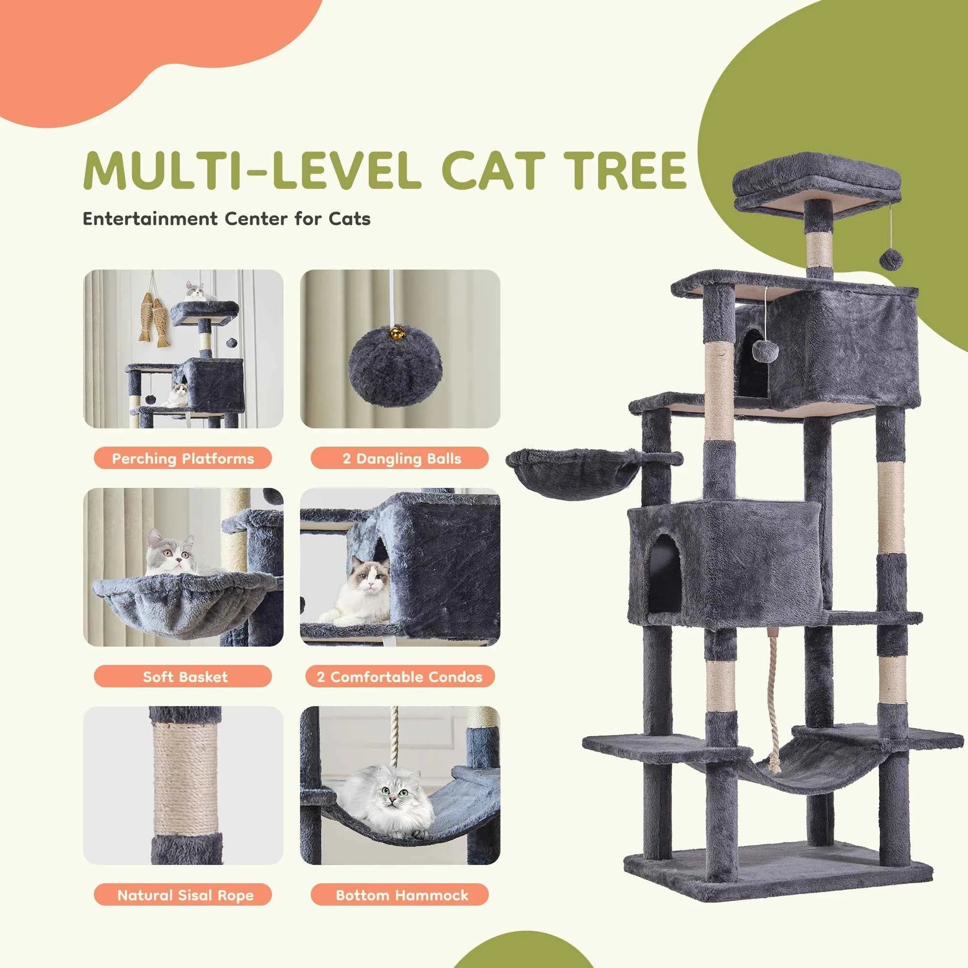 JHK Cat Tree Tower 66 Inch Large Multi Level Cat Climbing Tower with Condo Natural Sisal Scratching Posts Pet House for Indoor