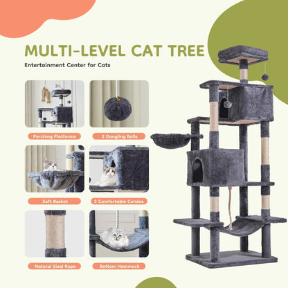 JHK Cat Tree Tower 66 Inch Large Multi Level Cat Climbing Tower with Condo Natural Sisal Scratching Posts Pet House for Indoor