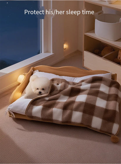 Winter Cream Color Plaid Flannel Pet Blanket, Double-Sided Soft Warm Fleece Throw for Small Dogs and Cats，Warm Cuddler Bed Mat