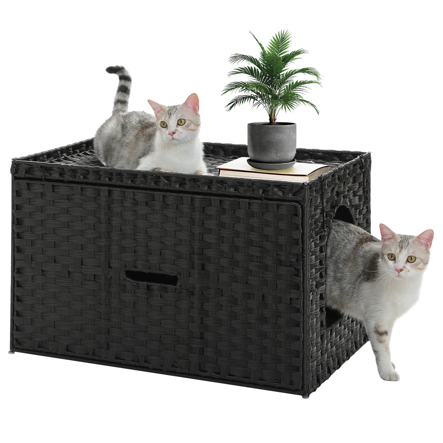 Rattan Cat Litter Box Enclosure Furniture with Door, Handwoven Rattan Hidden Litter Box Living Room Odor Control, Cat House Bed