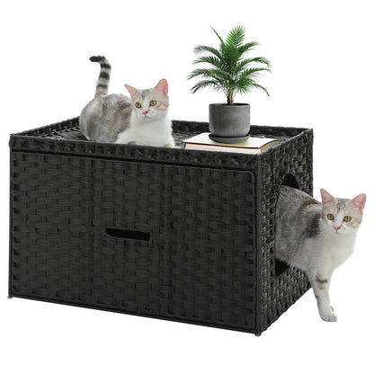 Rattan Cat Litter Box Enclosure Furniture with Door, Handwoven Rattan Hidden Litter Box Living Room Odor Control, Cat House Bed