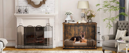 Large Elevated Dog Crate Wooden Dog Kennel Cage Pet House End Table with Double Door and Removable Tray Rustic Furniture Indoor