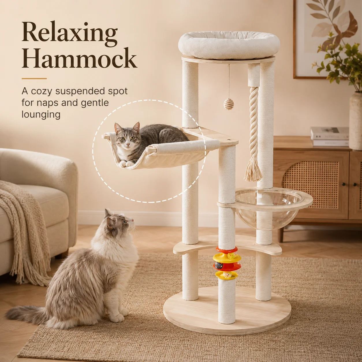 Multi-Functional Cat Tree Tower with Space Capsule, Hanging Ball, Scratching Posts, and Soft Condo - Sturdy Wooden Design for Kittens and Adult Cats, Cat Tree Tower
