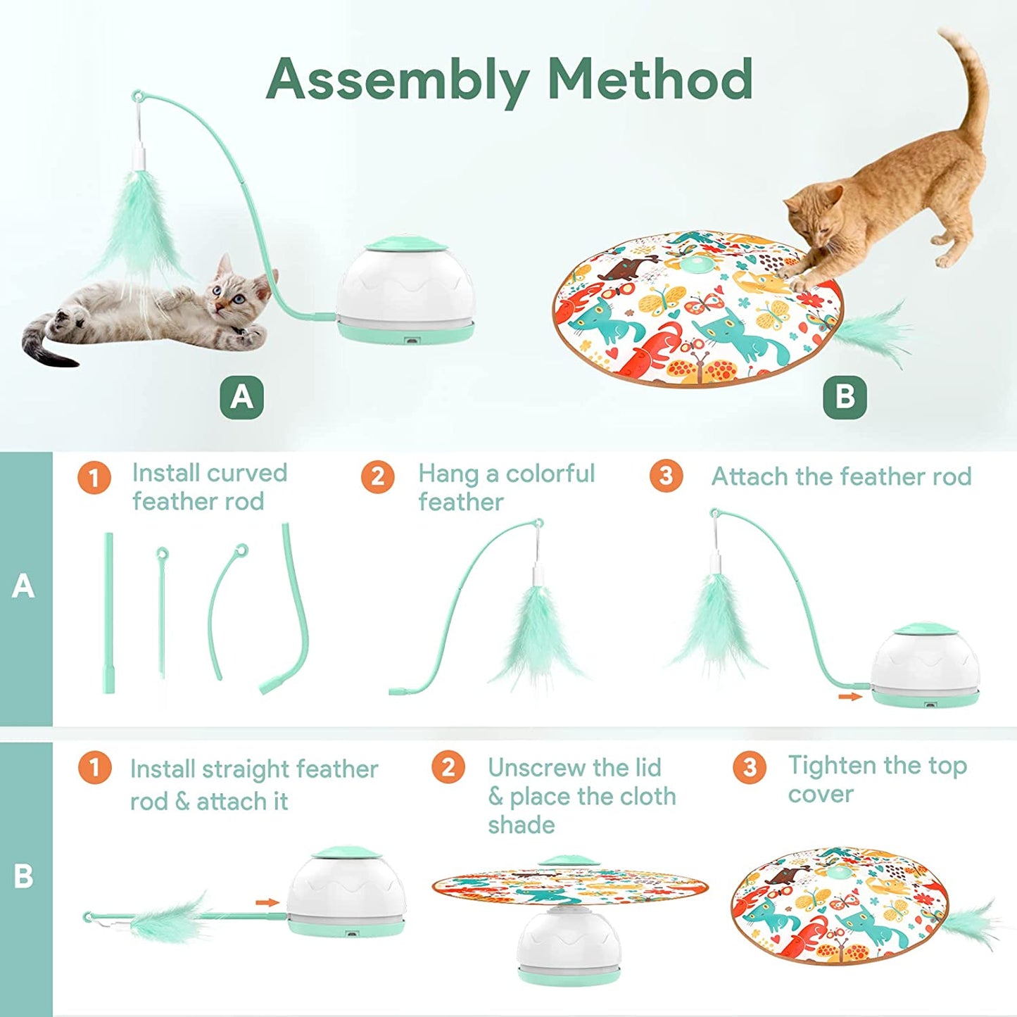 ATUBAN Automatic Motion Cat Toys-4 Modes Interactive Motorized Wand Toys,3 Feathers,Electronic Exercise Pet Toy for Indoor Cats