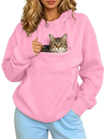 Pet Lover Sweatshirt Women Pet Carrier Hoodie With Pet Pocket Drawstring Long Sleeve Cat Dog Holding Pullover Solid Loose Casual