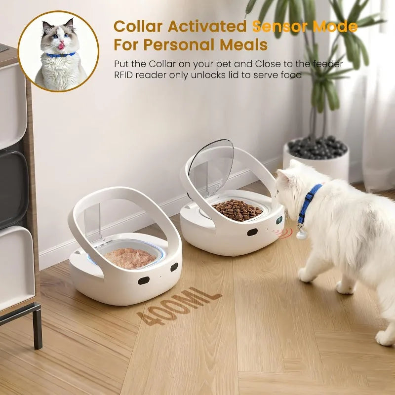 RFID Cat Feeder with Ice Pack Cooling, Selective Automatic Pet Feeder, App Feeding Records, Anti-Pinch Safety, 120-Day Battery