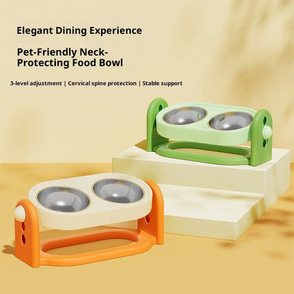 Adjustable Height Pet Bowl with Neck Support - Stainless Steel Dual Dish Anti-Slip Easy Clean Large Capacity Cat Dog Bowl